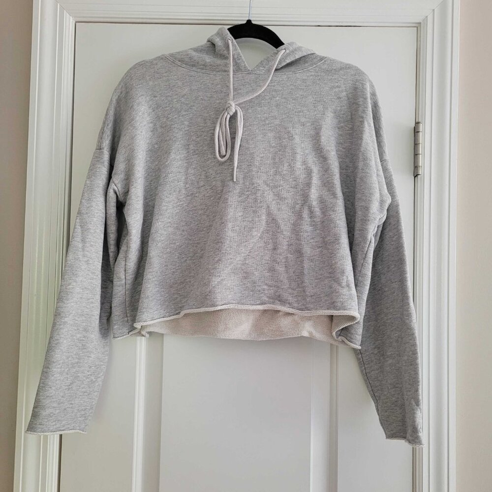Alo Yoga Box Cropped Hooded Raw Edge Sweatshirt Heather Gray Size S